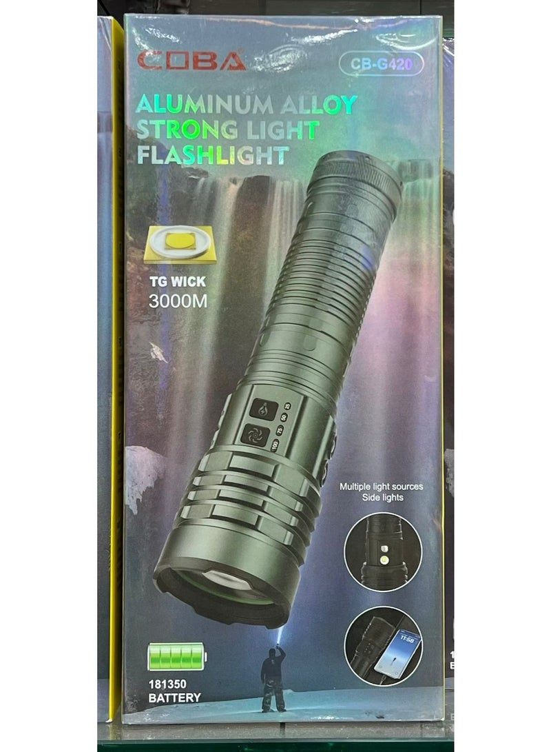 مصباح يدوي LED قابل لإعادة الشحن CB-G420 مدى طويل 3000م، وظيفة بنك الطاقة، ضوء جانبي COB، عرض رقمي للبطارية، مصباح من سبائك الألمنيوم